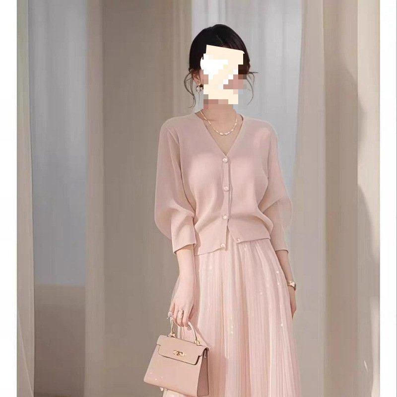 法式小香风甜美减龄长袖针织衫女秋季新款别致粉色套装裙子|undefined