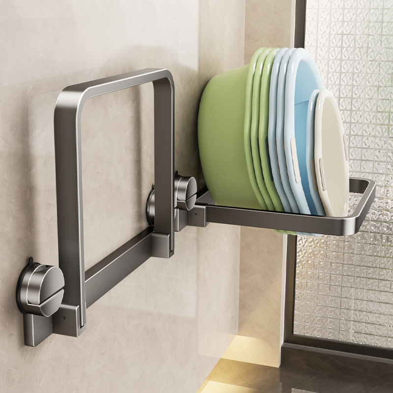 Suction Cup Washbasin Storage Rack, No-Drill, Foldable Bathroom Shelf, Household Wall-Mounted Basin Holder, Hanging Basin Organizer