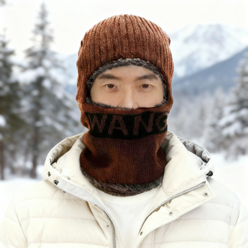 冬天加厚骑车保暖毛线一体帽男士护脸防寒针织帽字母款连体套头帽