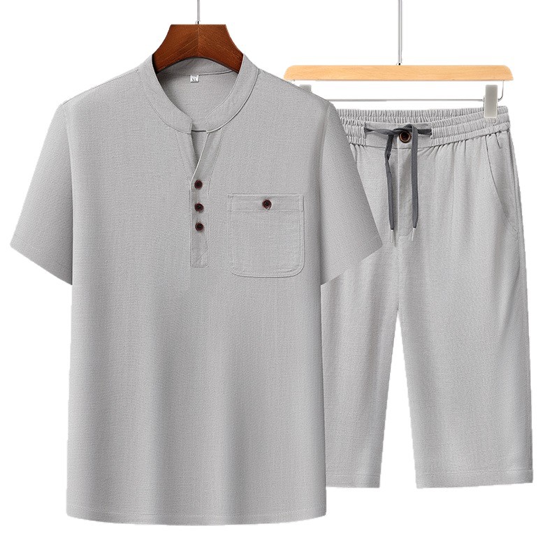 Marca de hombre algodón y lino conjunto de verano nuevo estilo frío lino de manga corta hombre ocio de mediana edad con pantalones rectos