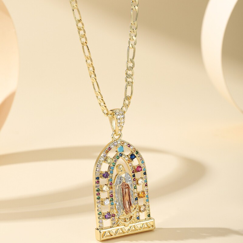 Amazon Cross-Border E-Commerce Personalized Design Micro-Paved Zircon Color Pendant Fashionable Religious Mary Necklace