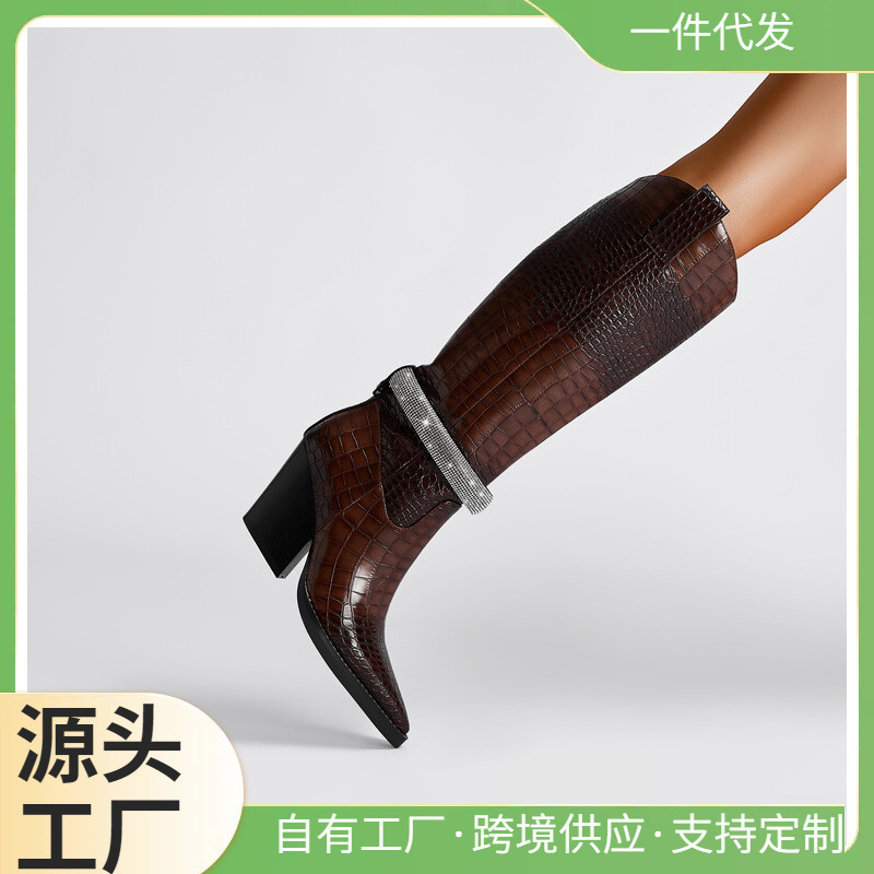 4635 Size Thick Heel High Heels 2023 Rhinestone Leg Circumference Amazon Export Large Size Boots Pointed Toe Stone Pattern Super High Heels