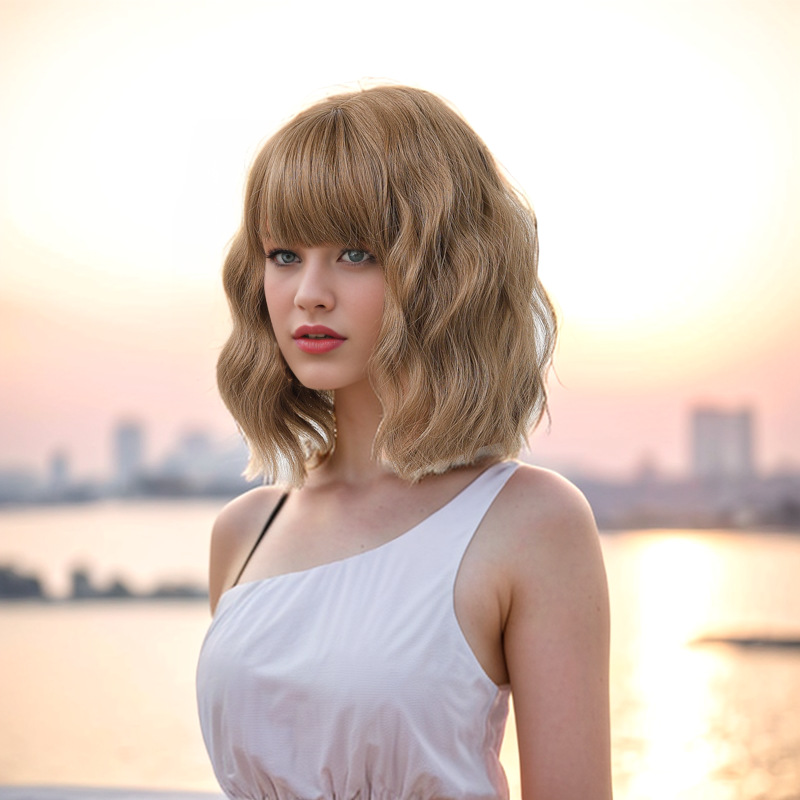 Perucă sintetică 2023 Nou Bobo Head Breton drept Păr sintetic multicolor Lungime până la umeri Scurt Creț_voghion.com