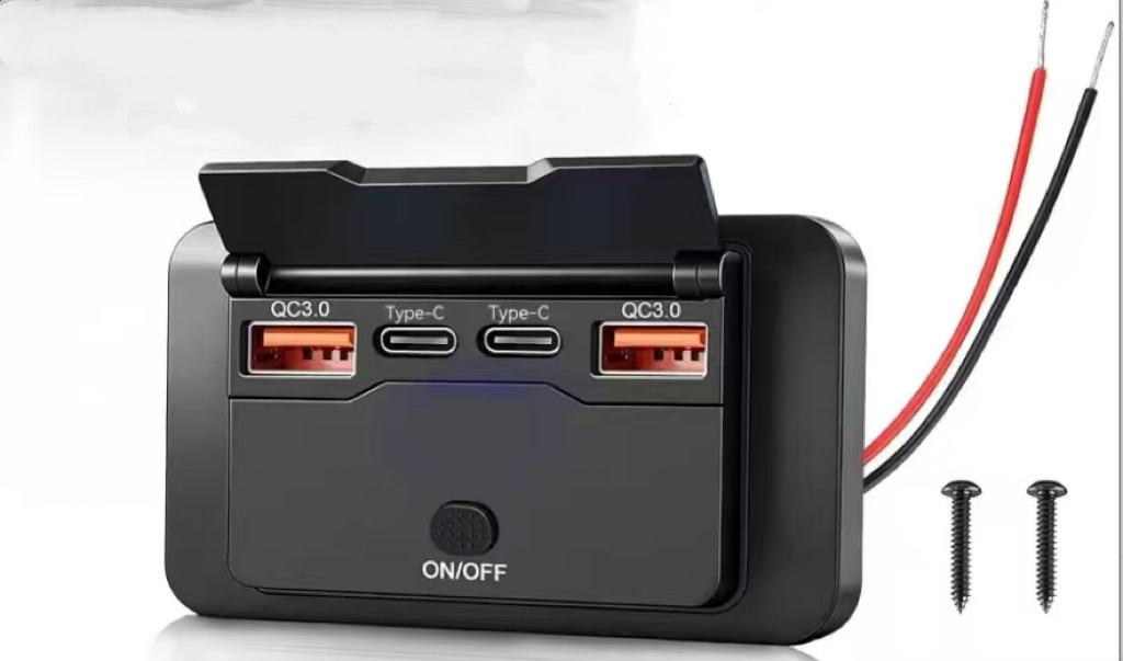 Rv Bus Car Charger Modified to 4-Port Charger, No-Drill Flip Cover with Switch, 12V Modified Pd Car Charger