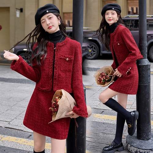 小香风套装裙2025秋季新款小个子超火韩系感红色羊毛呢两件套