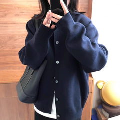 慵懒风藏青色针织开衫女春秋宽松别致休闲百搭时尚感毛衣外套上衣