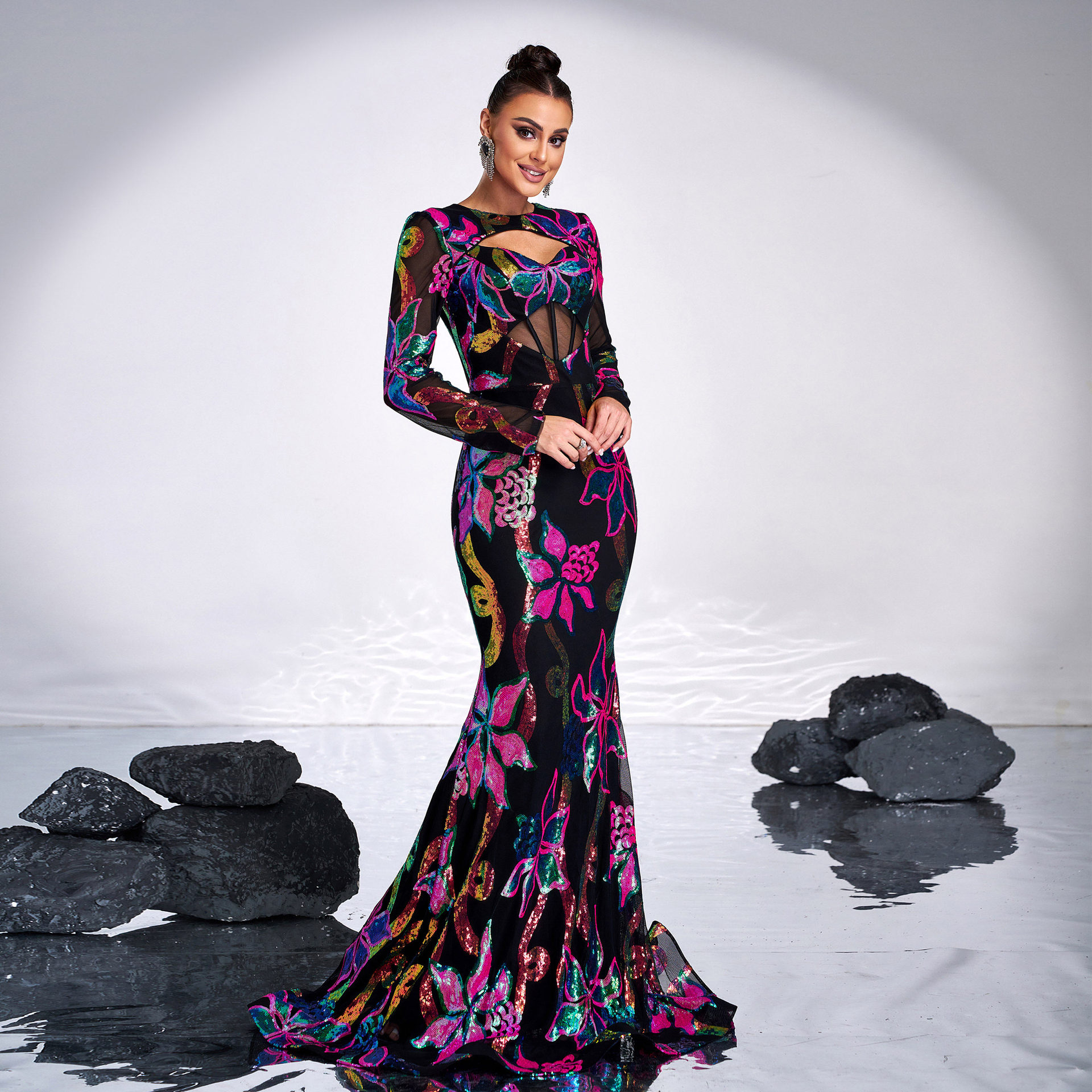 Long Sleeve round Neck Sexy Hollow Out Cutout out Long Sequined Cocktail Fishtail Evening Dress Bridesmaid Dress Women