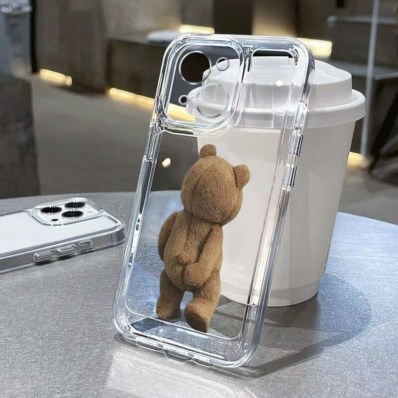 Teddy Bear Silhouette Pdd Cross-Border Internet Celebrity Hot Item Suitable for Apple 15 Plus Phone Case iPhone 16 Pro Full Coverage