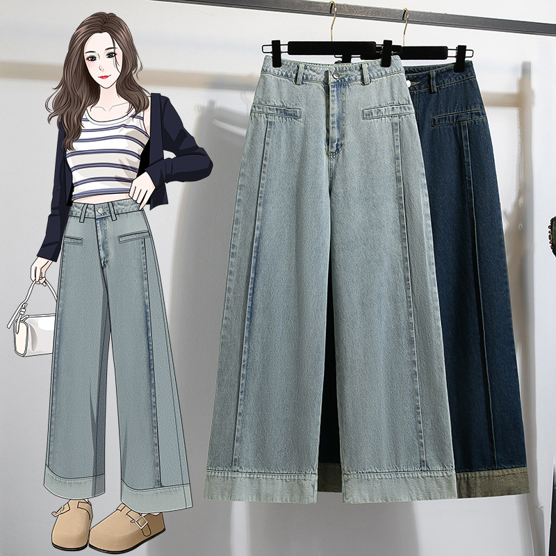 Real Shot of Vintage Dark Blue Rolled-Edge Design Cropped Wide-Leg Jeans for Women, Spring High-Waisted Plus-Size Petite Straight-Leg Pants