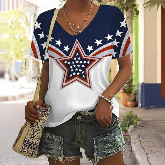 2024 Cross-Border Creative Floral Elements 3D Digital Printing V Neck Casual Trendy 3D Short-Sleeved Women's T-Shirt