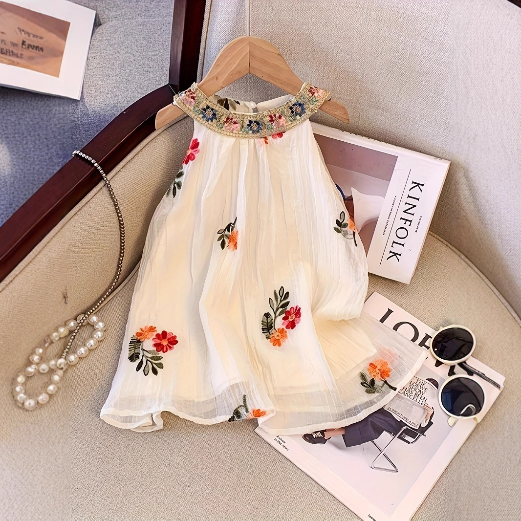 Girls' Embroidered Summer Dress, Baby Girl's Fashionable, Sweet and Super Fairy Sleeveless Cake Dress, Small and Medium-Sized Children's Halter Dress