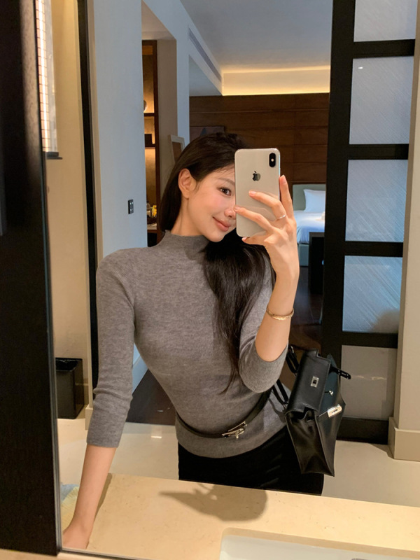 半高领打底衫女秋冬基础款纯色百搭修身显瘦正肩针织中袖上衣女装|undefined