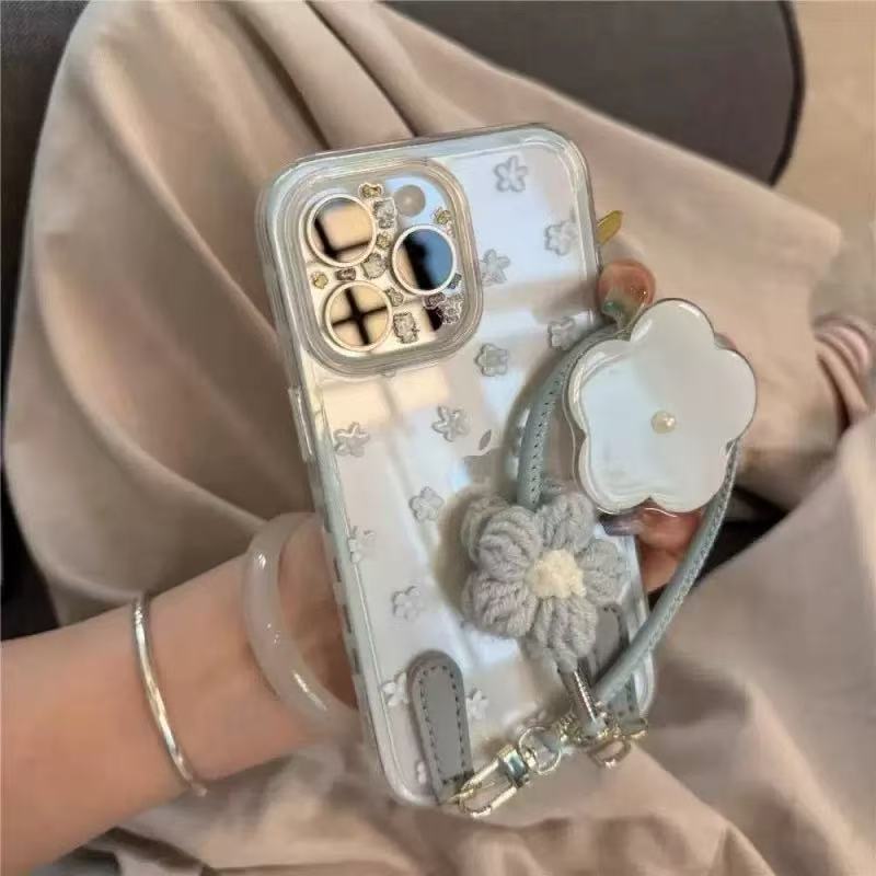 Ins coreanos flores frescas pequeñas con cordón iPhone16ProMax 14 Apple 15 funda para teléfono móvil 13 femenino 16P