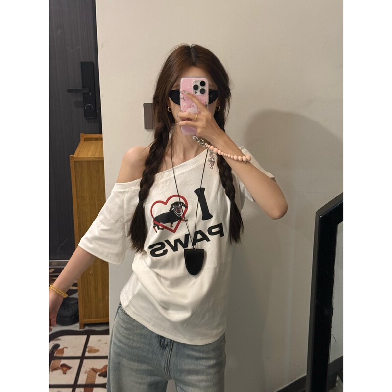 Sweet Hot Girl 斜め肩ワンラインカラー半袖 T シャツ女性用夏の愛の子犬プリントデザインルーズ痩身トップ|undefined