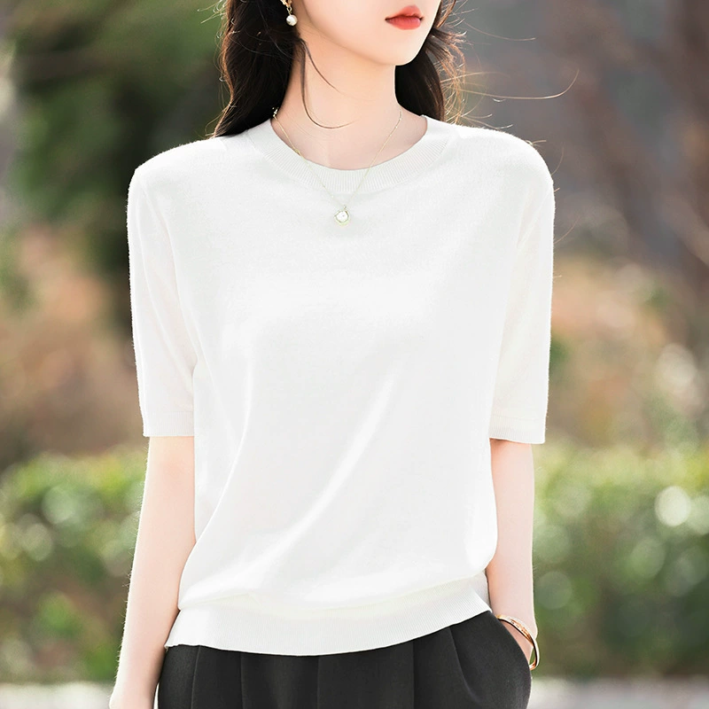 Весенне-летний новый стиль, дышащая трикотажная футболка из камвольного лиоцелла с рукавами три четверти, классический женский пуловер с круглым вырезом и короткими рукавами