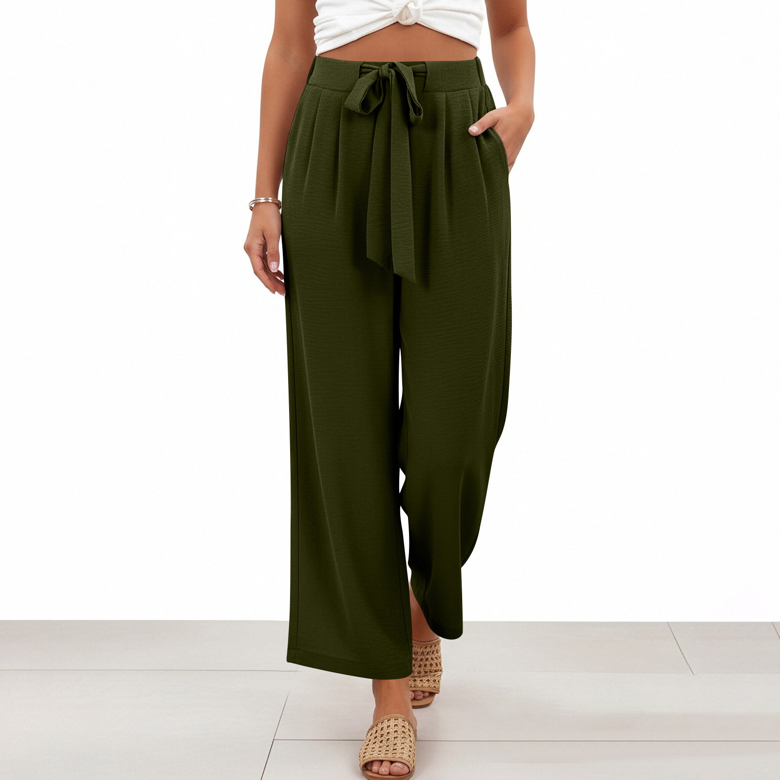 2026 primavera y verano Europa y América transfronterizos Amazon nueve pantalones de color sólido nuevo cinturón de damas pantalones casuales de piernas anchas image 10