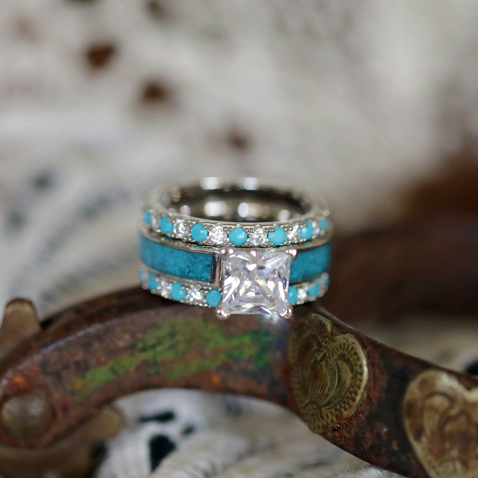 Bohemian Geometric Alloy Inlay Turquoise Zircon Women's Rings display picture 2