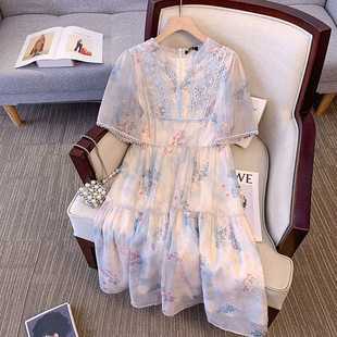 300 Jin extra large size women's chubby girl new Chinese style printed V-neck short sleeve dress summer 2024 new slim