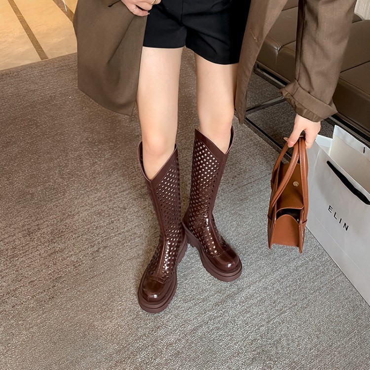 Boot nữ da bò đế dày cổ cao ống lưới — Màu nâu ống lớn, Màu đen cổ ống lớn, Ống nhỏ màu đen, Chu vi ống lớn màu trắng Be chi tiết 26