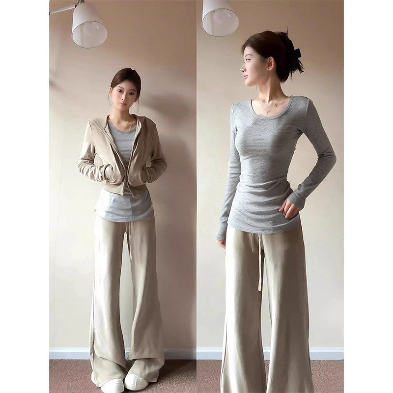 Gray Extended-Length Inner Layering Shirt for Women, Early Spring Slim-Fit Top, Mid-Length, Hip-Covering, Tight-Fitting T-Shirt Gray Extended-Length Inner Layering Shirt for Women, Early Spring Slim-Fit Top, Mid-Length, Hip-Covering, Tight-Fitting T-Shirt