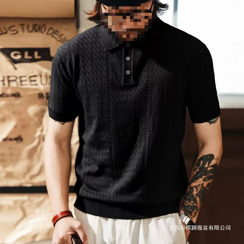 Retro Old Money Style Hollow-Out Breathable Cool-Feel Polo Shirt for Men, Summer Jacquard Texture Knit Short-Sleeve T-Shirt