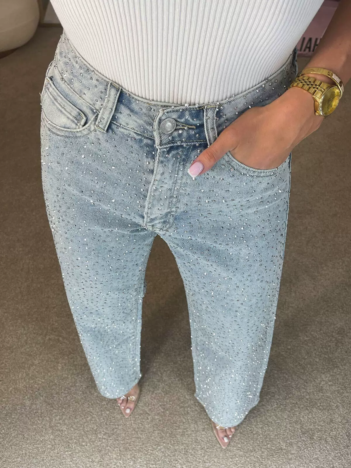 Jeans loose straight fit, American style, diamond-encrusted high-quality design, sizes S–L