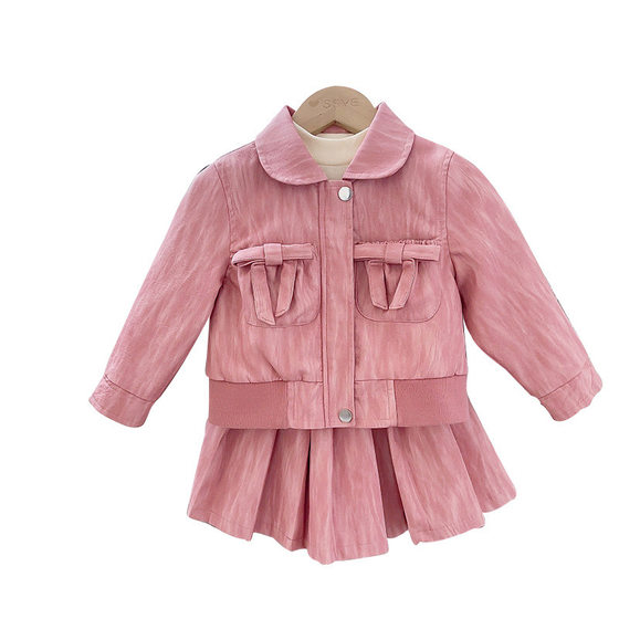 Girl's Spring and Autumn New Style suit Girl's Leather Coat Half Skirt Children's Two-Piece Set