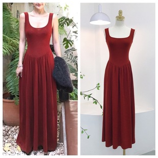 8061 French Retro Red Long Skirt Summer Wool Blend Square Collar Covering Breasts Backless Pleated Draped Skirt