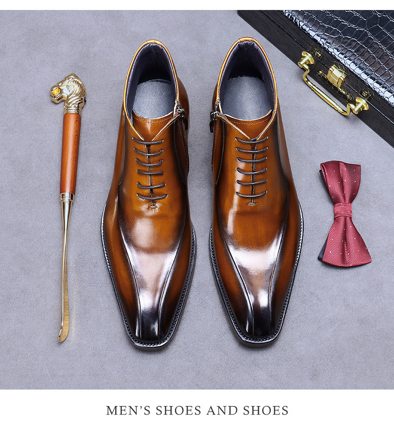 Kožené boty Velkoobchodní továrna Britské martinské boty Pravá kůže Módní společenské boty Špičatá špička Zip Vysoké kožené boty Kotníkové boty_voghion.com