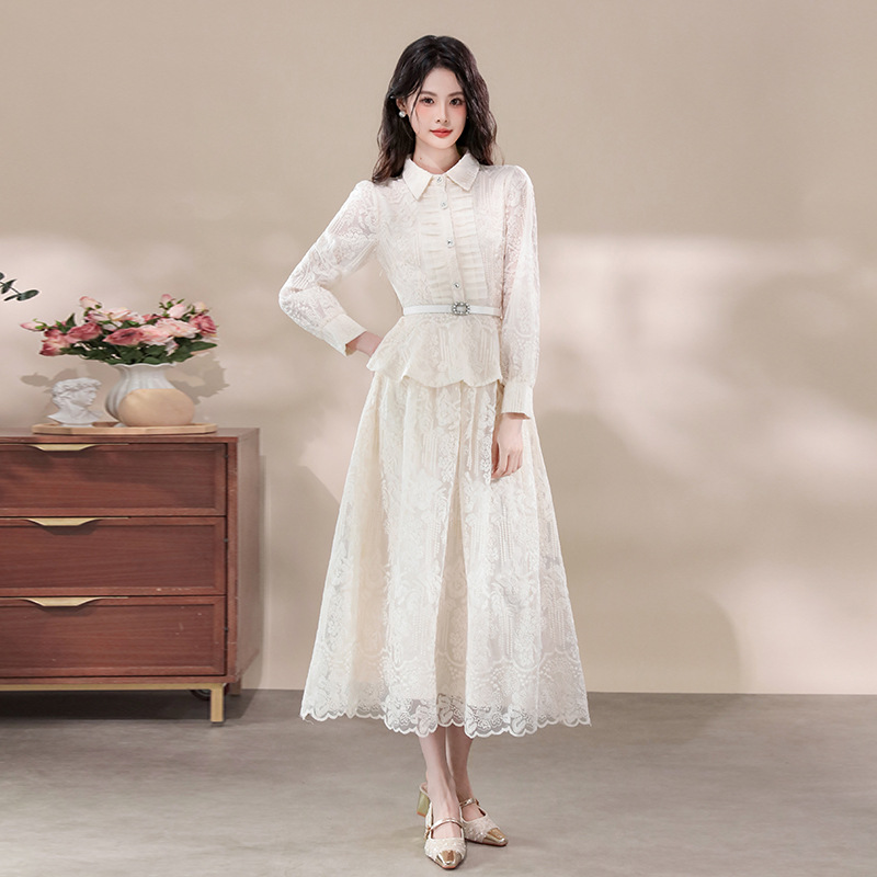 高级名媛时尚气质减龄长袖蕾丝钉珠连衣裙两件套装洋气少女小礼服