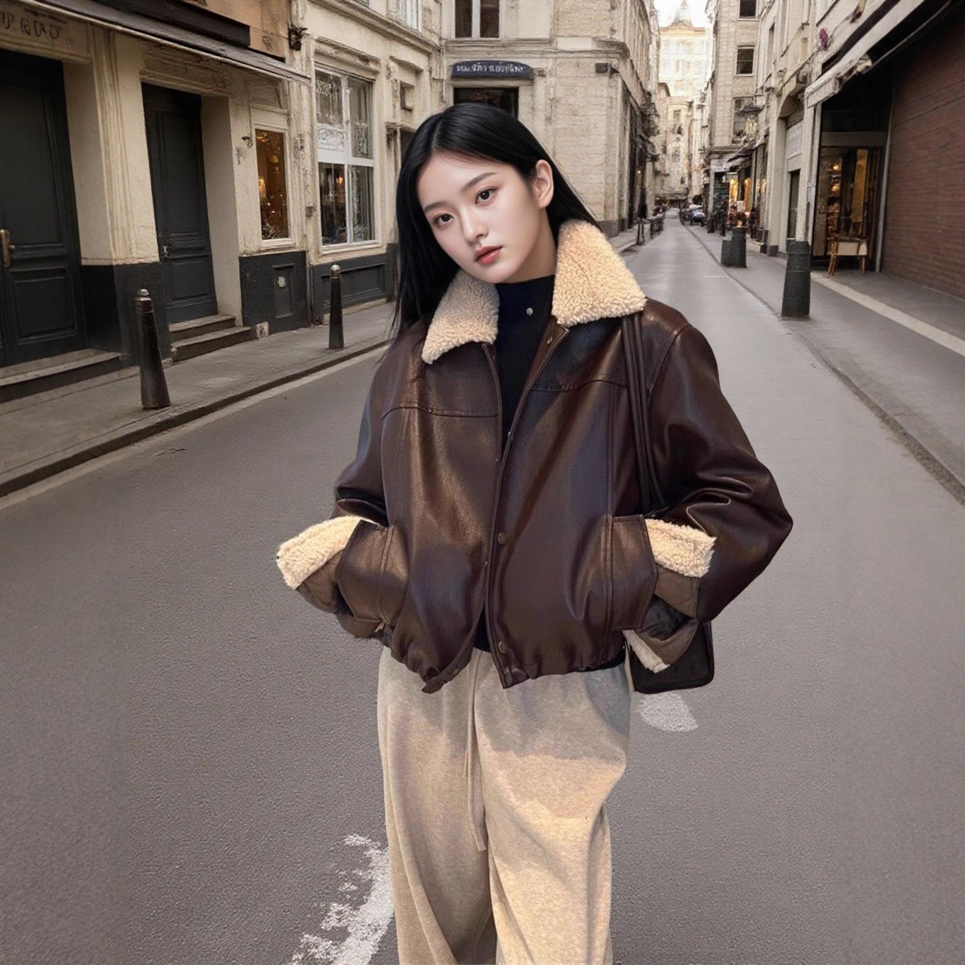 Cool Style Short Fur Collar Classy Women's Leather Jacket Right Shoulder Retro Autumn and Winter Brown Classy Leather Jacket