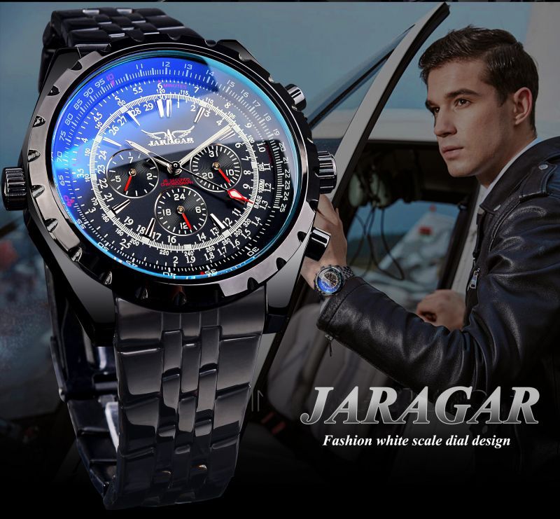 Moda jaragar hombres europeos y americanos negro casual hueco multifunción gran dial automático reloj de pulsera mecánico