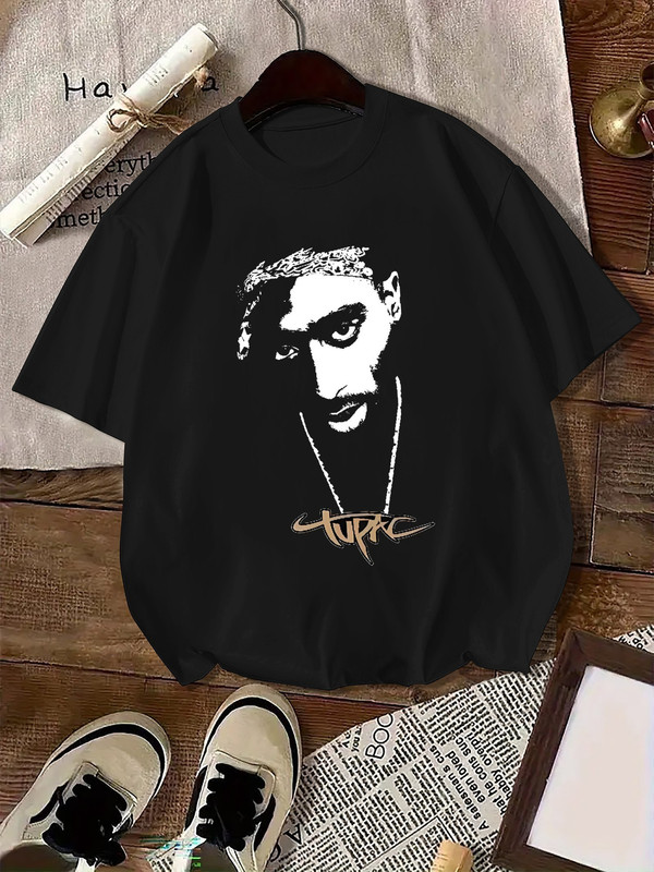 European Size Cotton Ty2K Hip-Hop Tupac Printed Women's T-Shirt Black Loose Casual Street Style Short-Sleeved Top