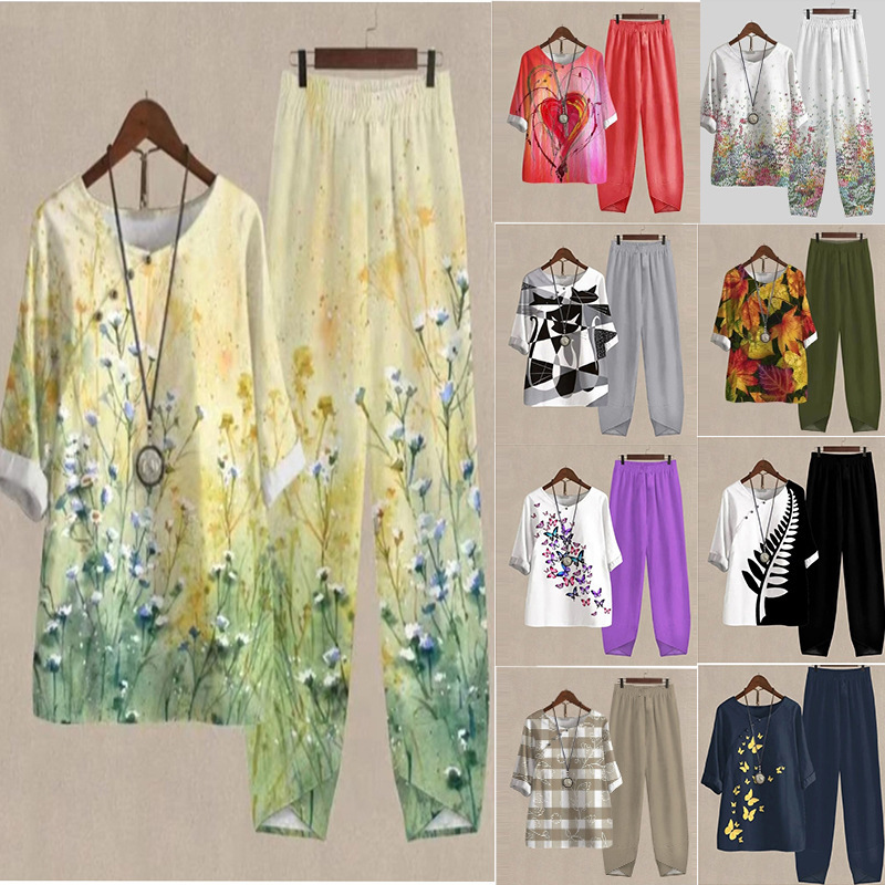 Amazon's Hot-Selling 2023 Spring New Cross-Border Export Women's Clothing Three-Quarter Sleeve Printed Tops and Pants Two-Piece Suit