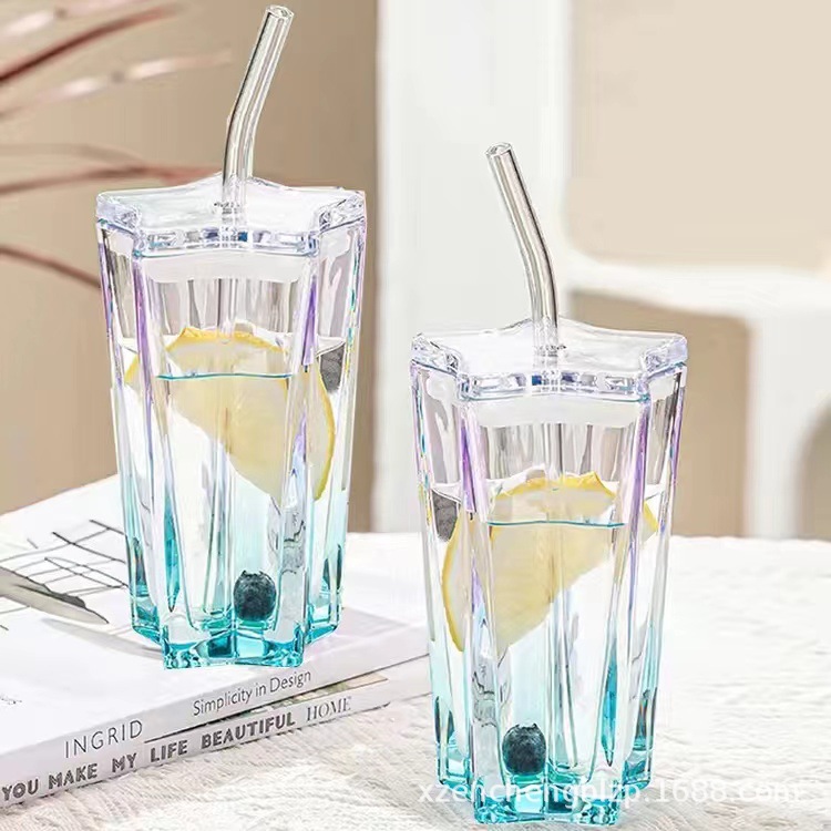 Vasos de paja al por mayor, vasos de vidrio con forma de estrella de cinco puntas, vasos degradados de colores, vasos para bebidas frías con tapas, tazas de café, regalos para mujeres