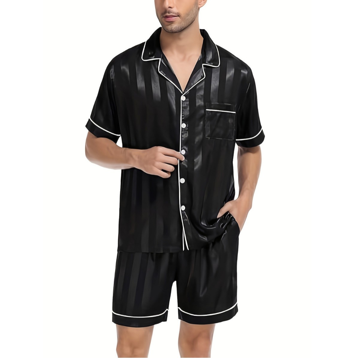 Пижама Men's Satin Stripesd Jacquard Comfortable Pajamas Set Short-Sleeved Shorts Fashionable Home Wear