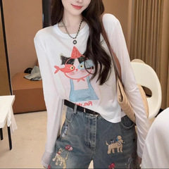 减龄猫咪卡通印花长袖防晒罩衫T恤女夏季2025新款宽松设计感上衣