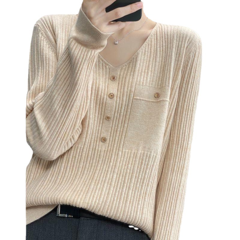 【 Cashmere Family】 Maglione con cappuccio e scollo a V, stile corto, temperamento sciolto, maglione di base in lana, maniche lunghe da donna_voghion.com