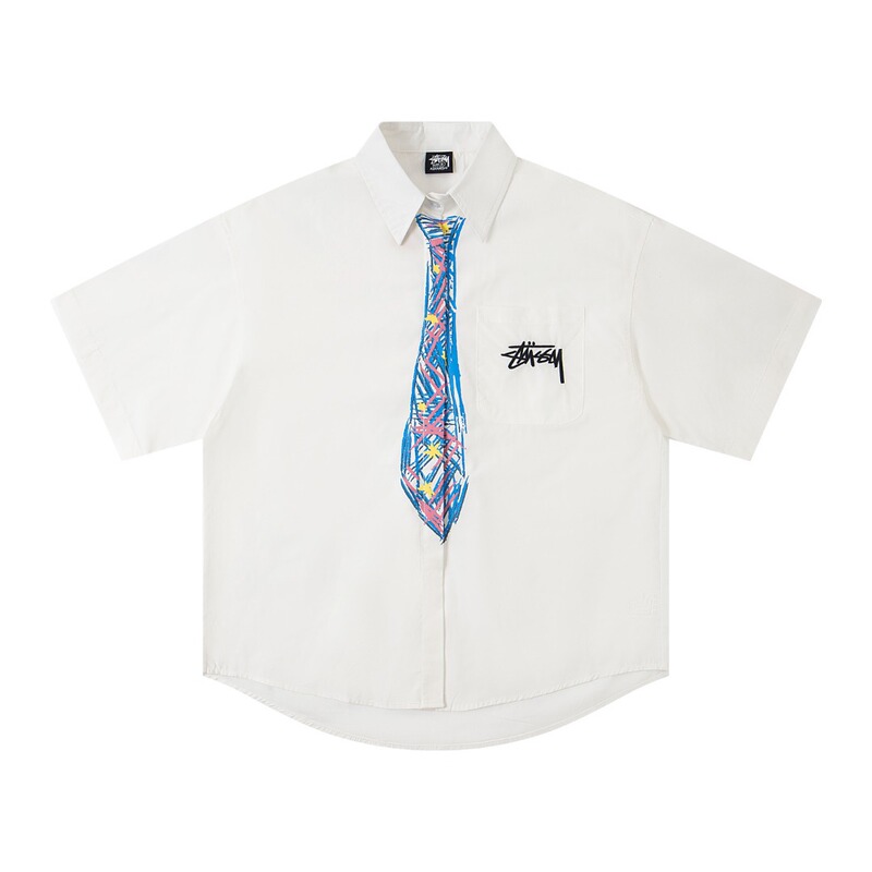 Cross-Border Trendy Brand Stu Stussy Floral Crayon Hand-Painted Logo Pocket Embroidery Fun College-Style Graffiti Shirt