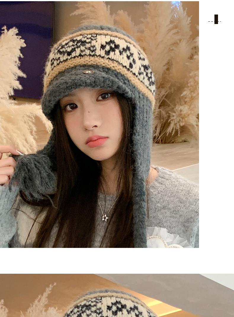 Fair Isle Style Retro Knitted Wool Autumn Winter Fleece Lined Thickened Warm Ear Protection Versatile Large Head_voghion.com