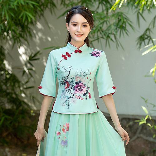 Green pink blue Floral chinese qipao dress for women girls Daily Improved Print Tang suit Fitted Cheongsam Fashion Top skirts Women's Two-piece Set