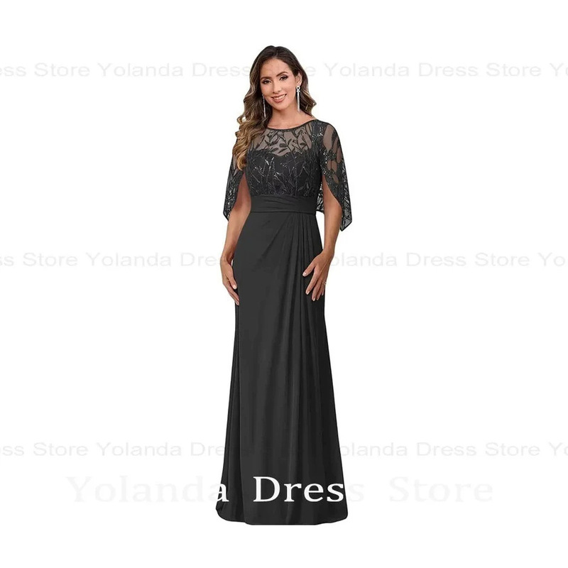 European and American Style Round Neck Shawl Sleeve Lace Beaded Dress Chiffon Waist-Cinching Long Bridesmaid Dress Wedding Banquet Dress