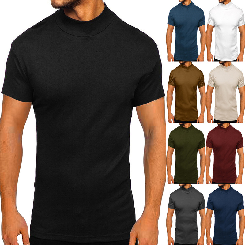 2023 Amazon foreign trade European and American men's autumn and winter high collar short sleeve solid color T-shirt men's bottoming shirt top