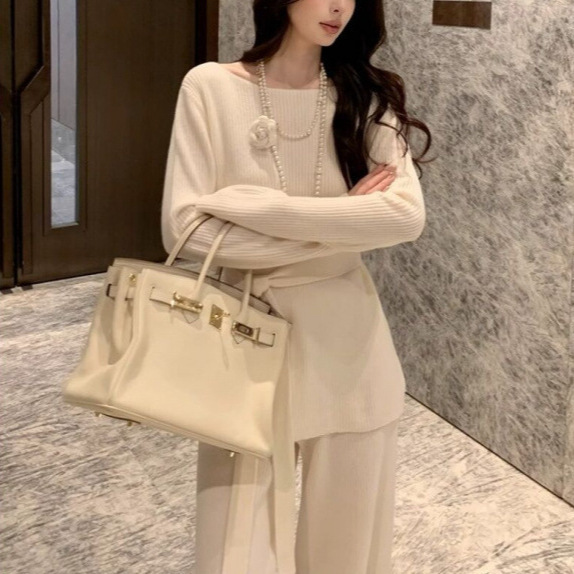 白色仿羊毛针织衫直筒裤两件时尚套装女修身气质新款名媛风气质女|undefined
