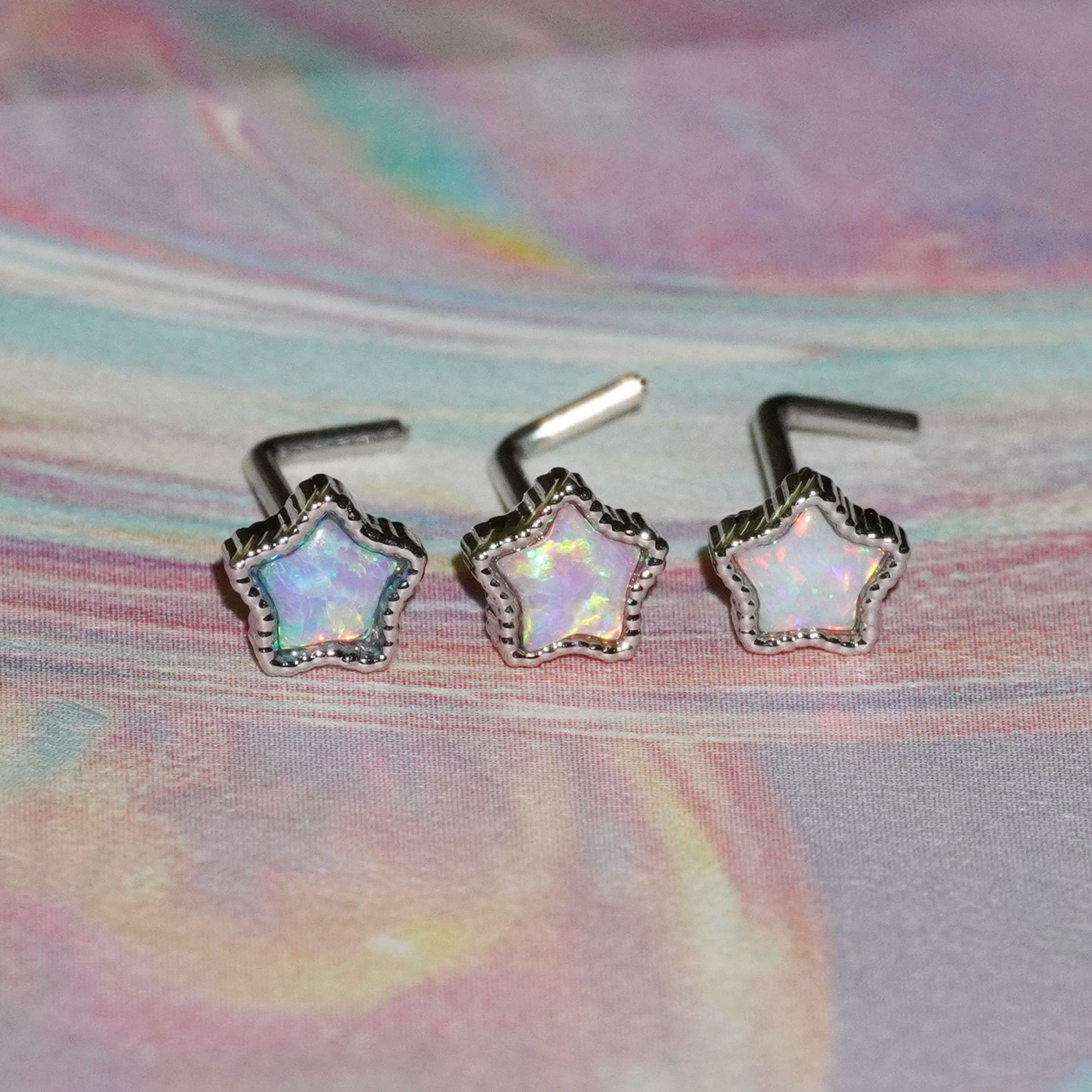 Opal Star L-shaped Nose Stud In Stainless Steel Body Piercing_voghion.com