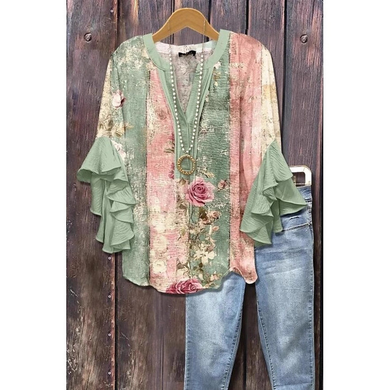 Supports Dropshipping of 3D Cross-Border Creative Floral Print Digital Print Casual V-Neck Ruffled Edge T-Shirt for Women Supports Dropshipping of 3D Cross-Border Creative Floral Print Digital Print Casual V-Neck Ruffled Edge T-Shirt for Women