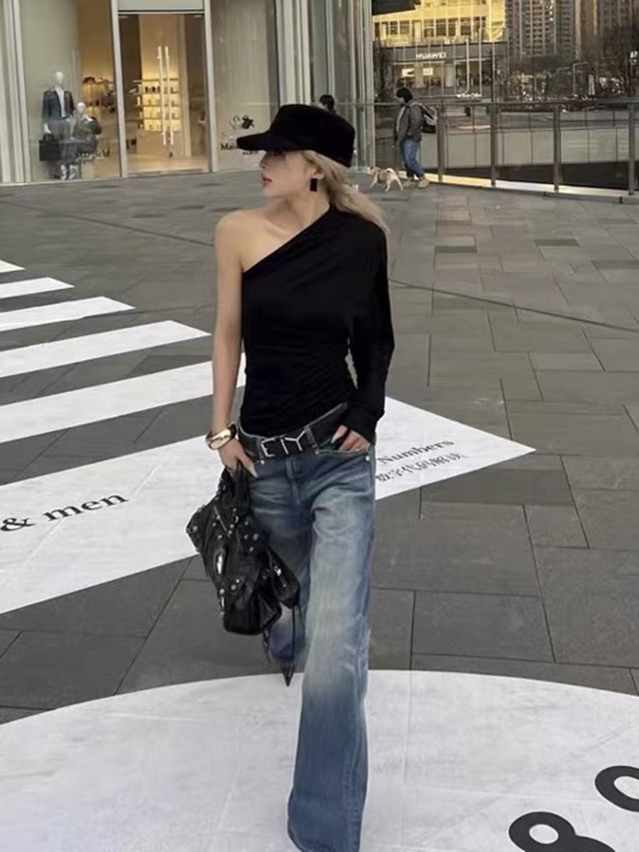 Nana con 25aw nicho de moda esquisita en lana de seda tiesa camiseta de hombro inclinado con mangas asimetricas chaqueta de hombro abierto