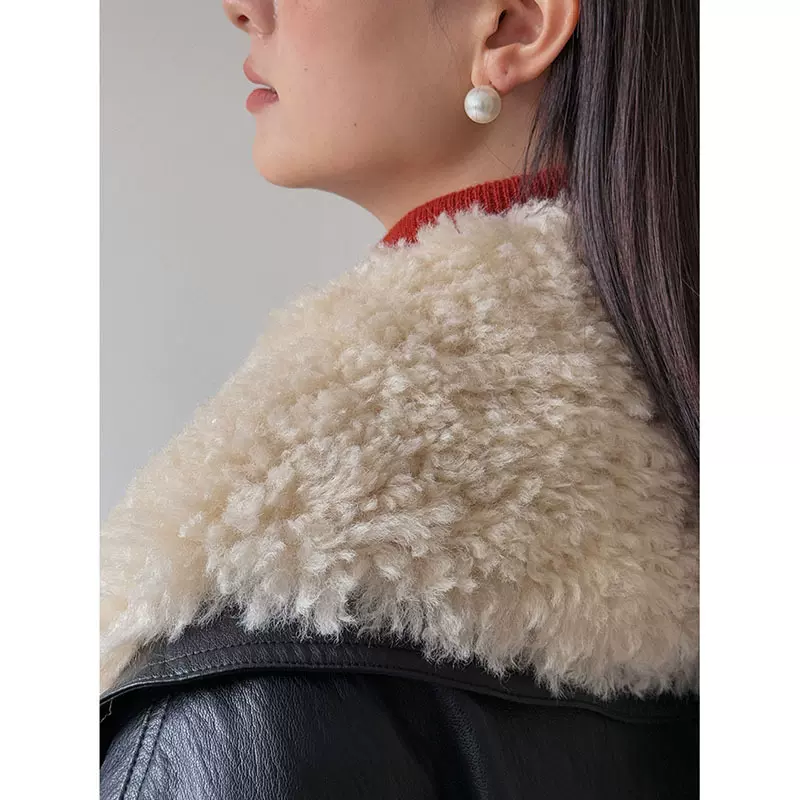 【复古滑雪皮衣2色】歌铭仿羊羔毛大翻领PU皮外套女冬季大衣N667B