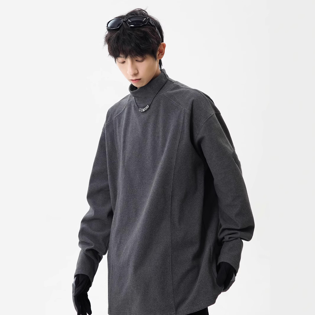 회색 양털베이스 셔츠 남자 봄 바느질 해체 반 높이 칼라 스웨터 내복 아메리칸 스타일 어깨 긴 소매 티셔츠