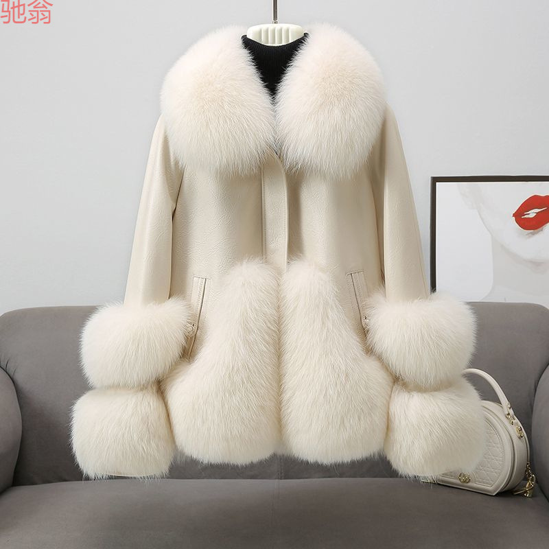 Y9Z New Style Imitation Sheepskin Leather Jacket down Silk Coat Women's Short Style Fox Fur Collar Fur Integrated Coat Korean Style